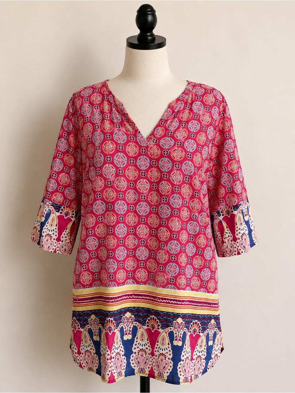 Pink Boho Border Print Cotton Shift Dress Large